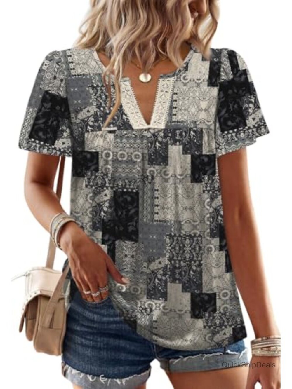 Womens Boho Lace V Neck Short Sleeve Flowy Summer Blouse Top